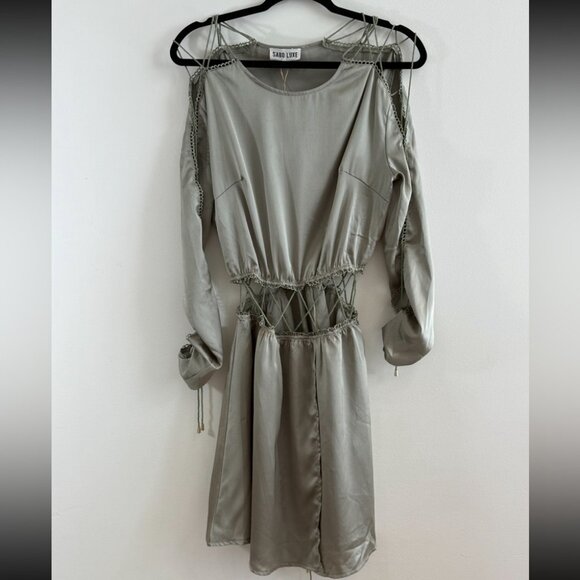 Sabo Dusty Sage Green Satin Long Sleeve Cutout Mini Dress - Picture 2 of 9